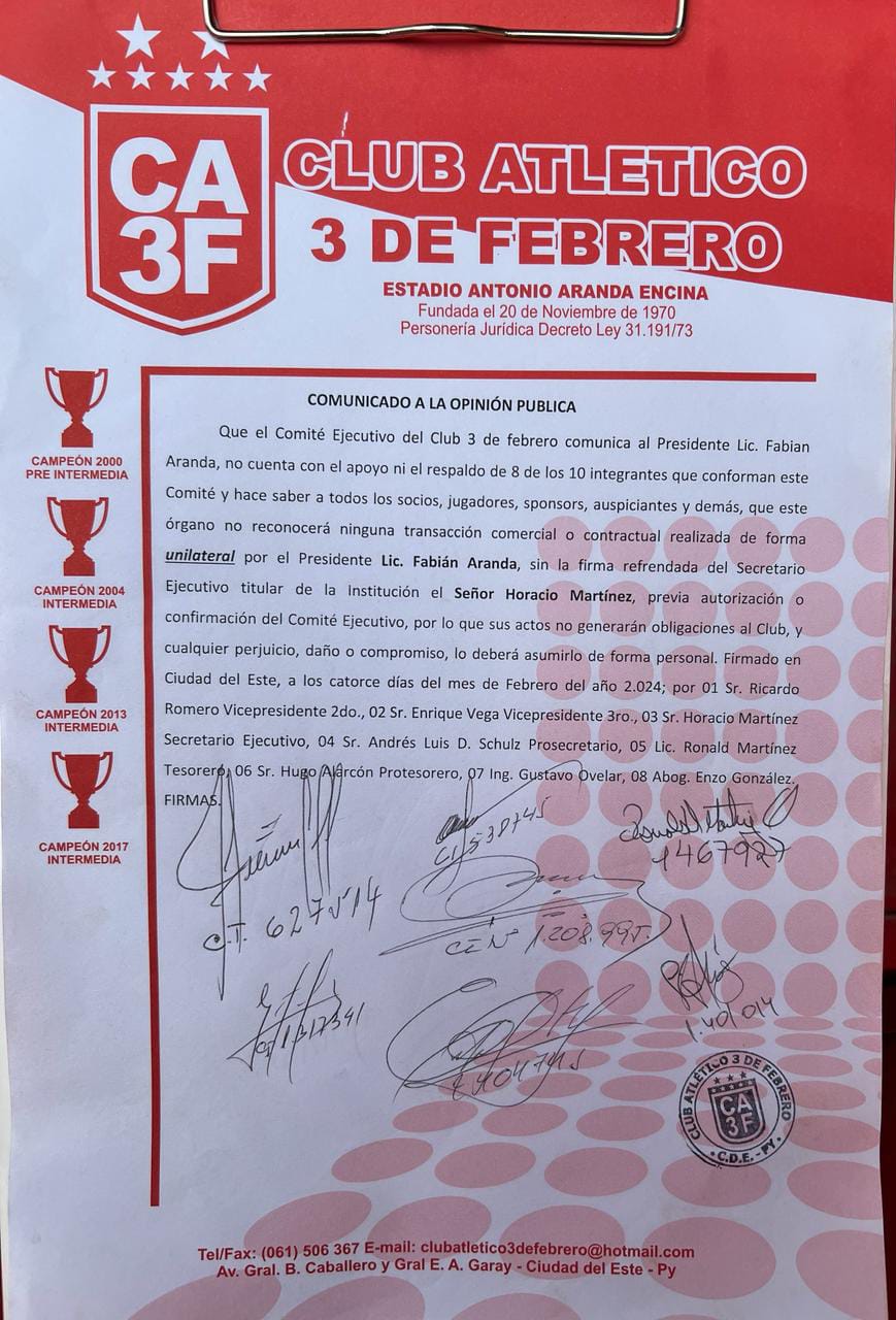 COMITÉ EJECUTIVO DEL 3 DE FEBRERO NO RECONOCERÁ NEGOCIACIONES DEL PRESIDENTE